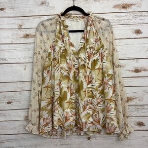 Entro Brown Floral Button Tie Neck Sheer Long Sleeve Boho Blouse